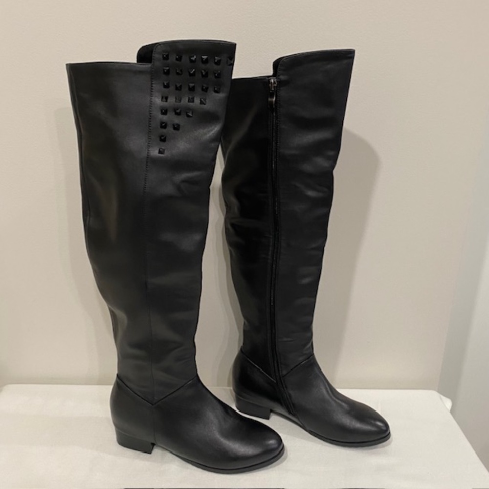 Made in Italy L'Alpina Over-the-Knee Black Leather Boots Stud Detail Size 6.5